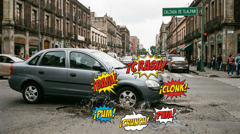 ruidos sordos de un corsa pasando un bache en calzada de tlalpan